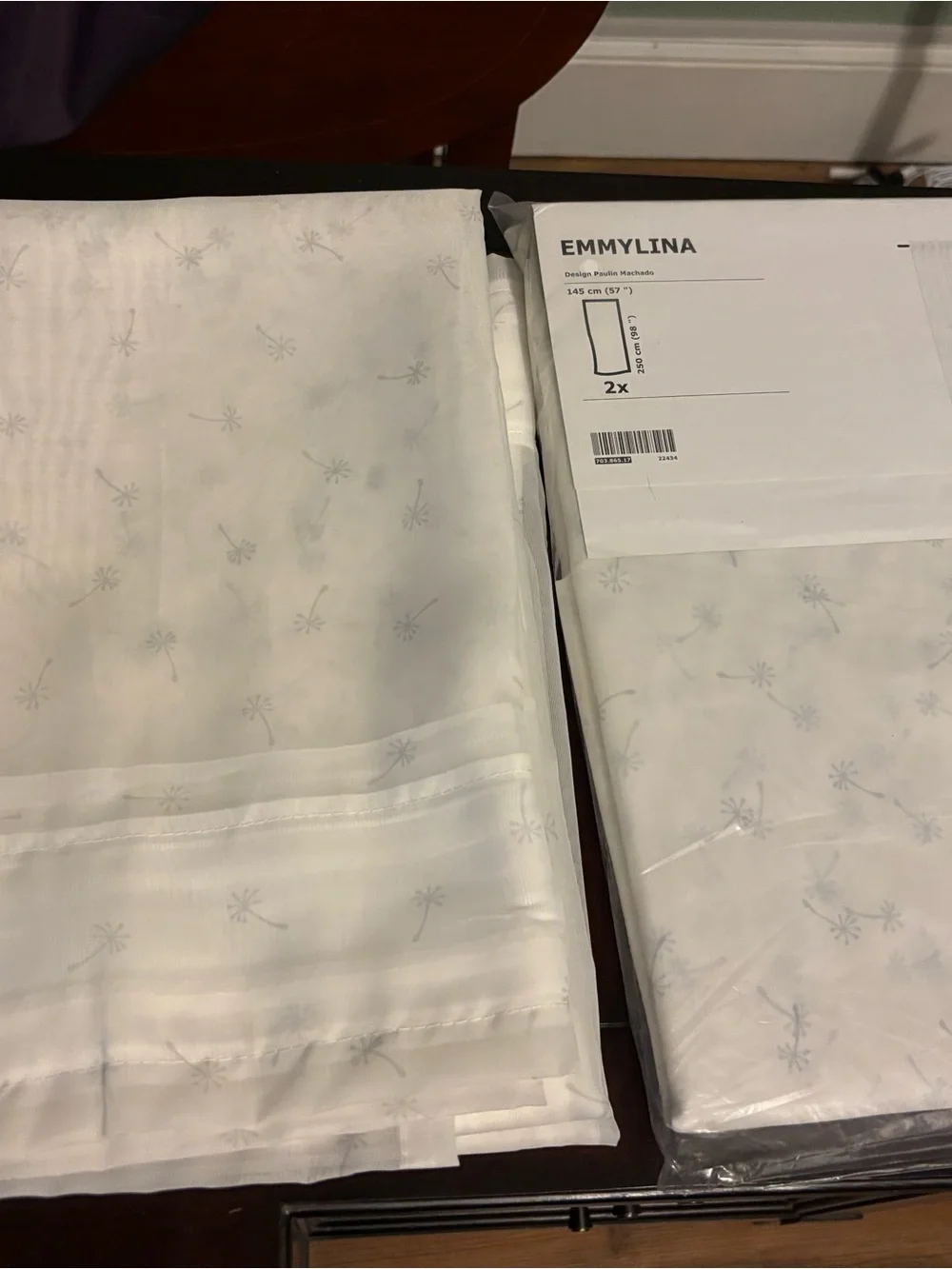 IKEA Emmylina Sheer White Curtains with Light Gray Floral Accents